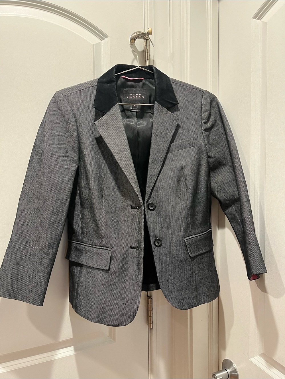 Pink Tartan Grey Two-Button Blazer with Black Velvet Collar